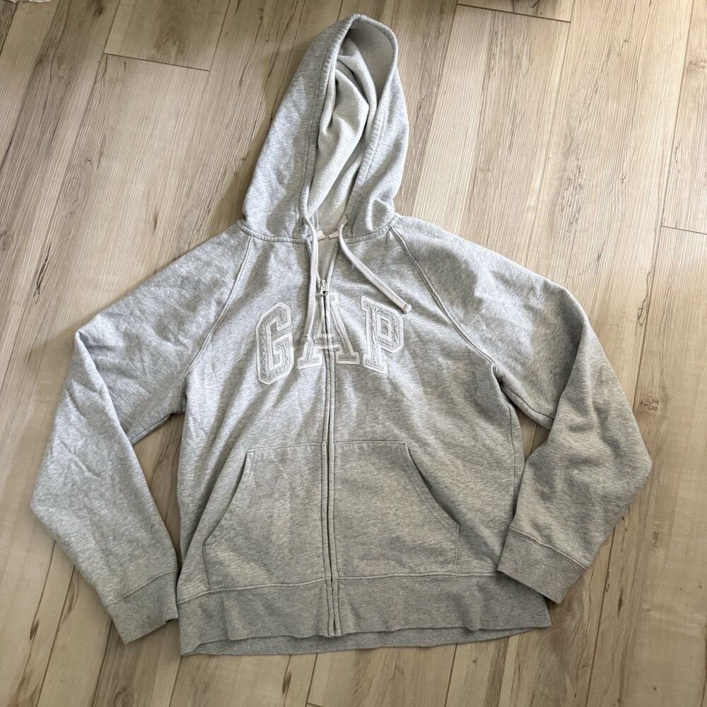 Gap Hoodie Women’s Large Gray Full Zip Logo Fleece Kangaroo Pocket Sweatshirt